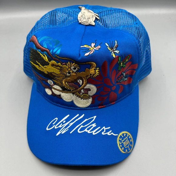Vintage Cliff Raven Hat Blue Ed Hardy Japanese tattoo Snap back Trucker Cap 90s - Picture 1 of 8